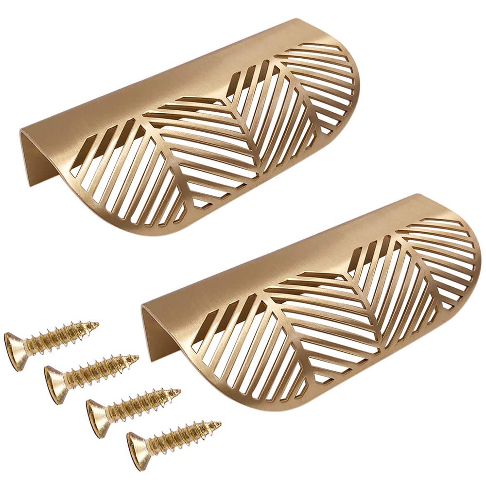 Oneyijun 2 Pcs Leaf Shape Cabinet Drawer Wardrobe Door Brass Gold DecorativeFurniture Pulls Handles Kitchen Door Drawer Pull Knobs with Screws for Bathroom Bedroom (117mm Style1)