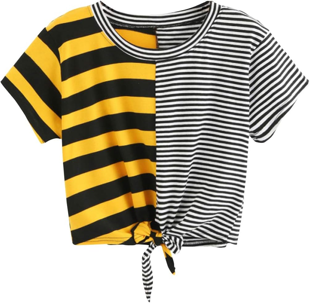 Women Teen Girls Striped Cute Crop Top Tie up Knot Belly Shirt Summer Tee T-Shirt Blouse Sale