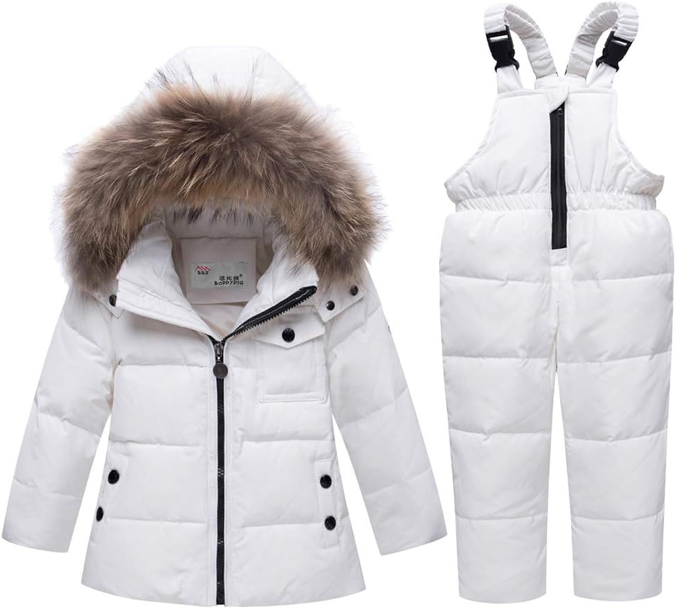 Baby Girls Two Piece Winter Warm Hooded Fur Trim Snowsuit Puffer Down Jacket with Snow Ski Bib Pants Outfits