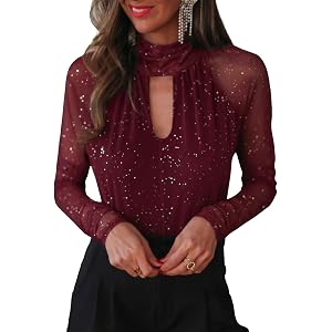 Astylish Women Long Sleeve Sheer Mesh Cutout Sparkly Glitter Going Out Tops | Business Casual,Date Night Outfits,Elegant Mock