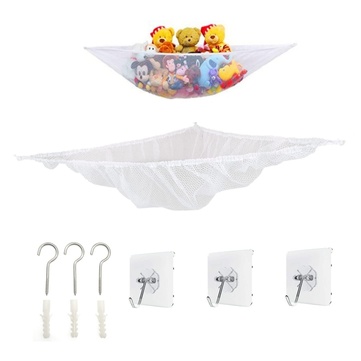 JZK Toy Storage Hammock With screw Hooks and sticky hooks for kids baby bedroom or bathroom, Large Mesh Net for teddys to hang on wall, Plush Toy hanging Organizer