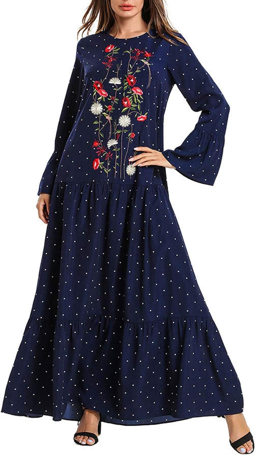 Kaftan Maxi Long Floral Print Long Sleeve Flowy Casual Summer Dress Women Long Gown Prom Maxi Dress