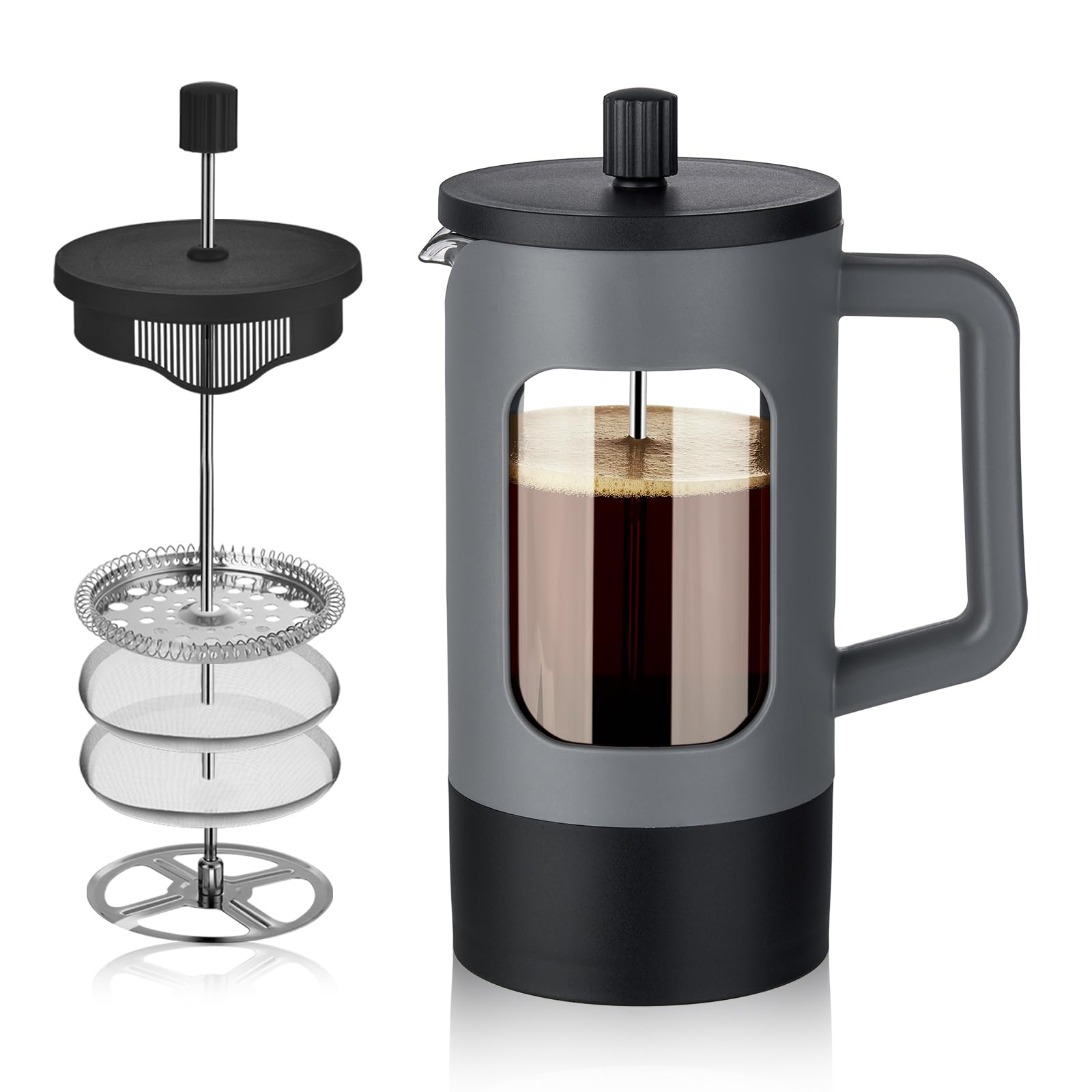 Photo 1 of YOLIFE French Press Coffee Maker, 34 oz / 4 Cup Coffee Tea Press with Heat-resistant Borosilicate Glass, 4-Level Filtration Systems, Cold Brew Coffee Maker for Camping Travel Gifts, Grey and Black