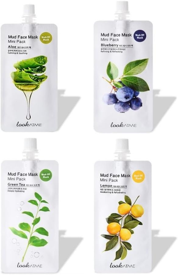 LOOKATME MUD FACE MASK 4 MINI PACK SET - GREEN TEA, BLUEBERRY, ALOE & LEMON WITH SPOUT LID