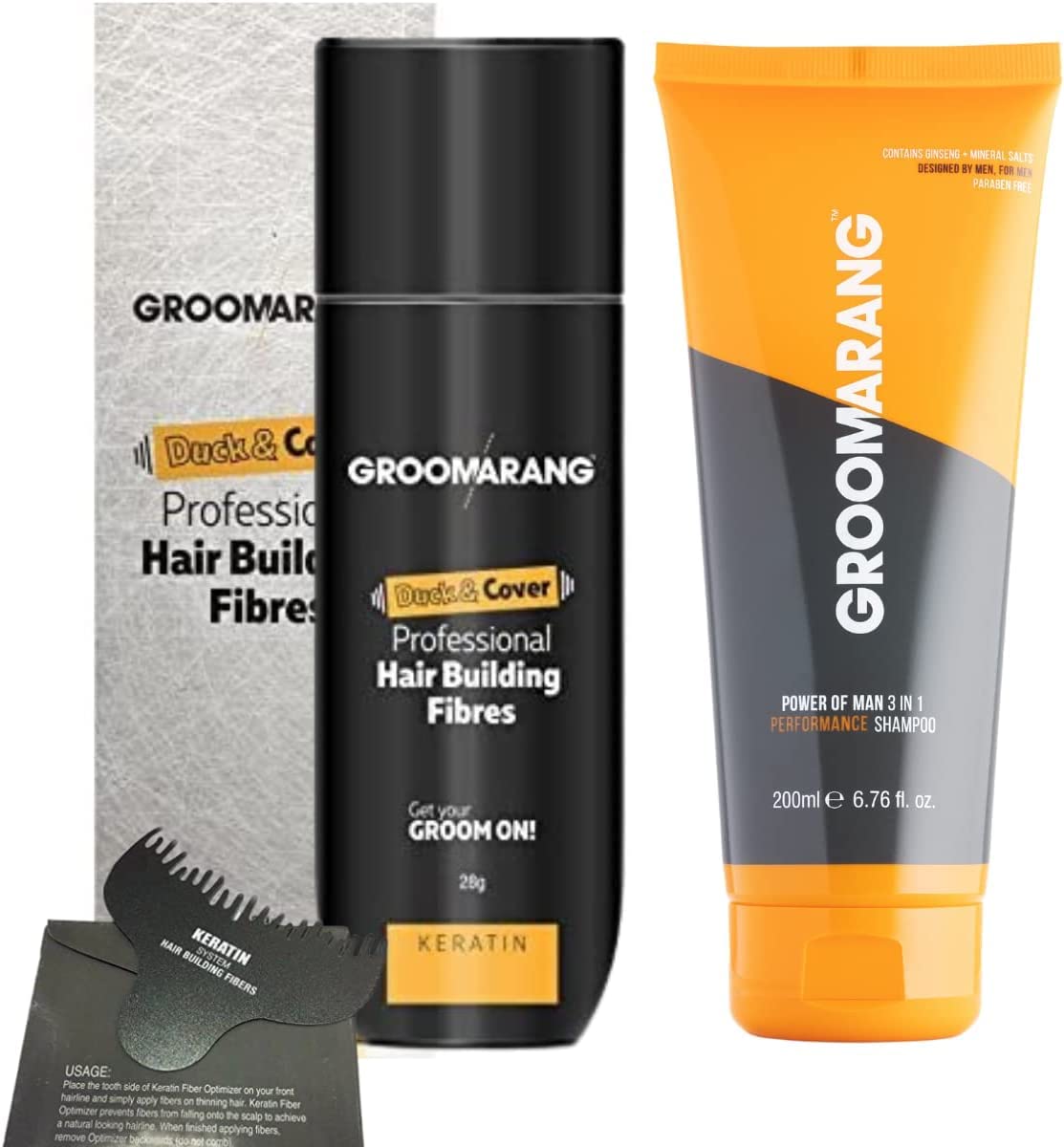 Hair Fibres GROOMARANG Keratin Hair Building Fibres for Thinning Hair - Instantly Conceals Thinning Areas for Fuller Thicker Hair - For Men & Women 28g PLUS 200ml Shampoo & Optimiser (Black)