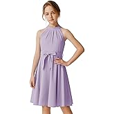 Quedoris Girls Halter Neck Pleated A-line Swing Flared Belted Casual Party Dress with Zipper