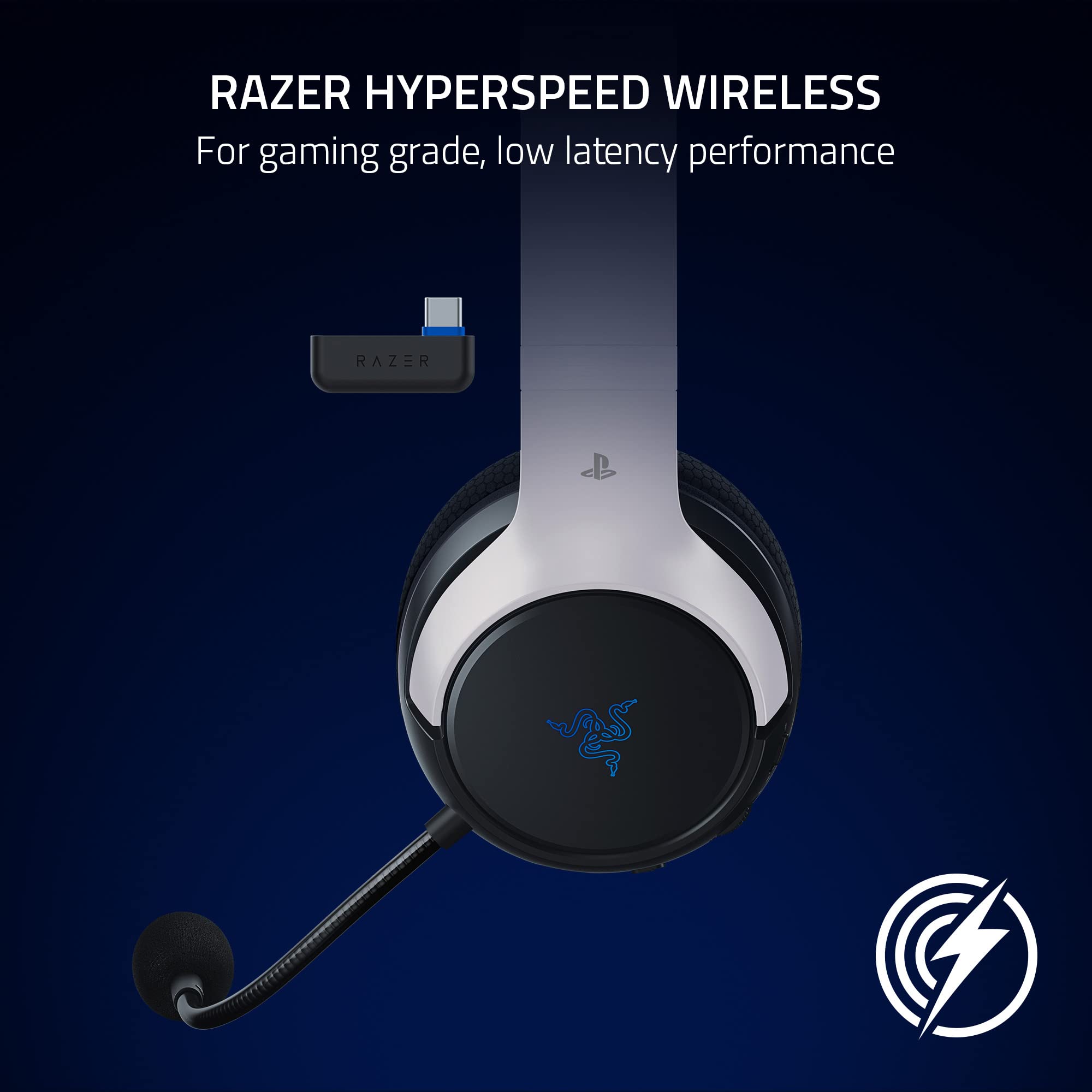 Razer Kaira HyperSpeed Wireless Gaming Headset for PlayStation 5 / PS5, PS4, PC, Mobile: 50mm Drivers - HyperClear Cardioid Mic - Memory Foam Cushions - Bluetooth - 30 Hr Battery - White & Black