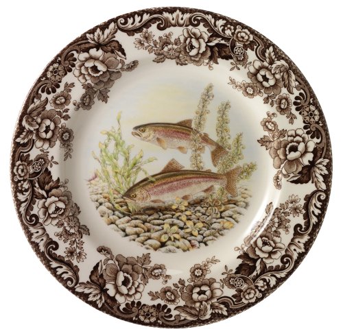 SpodeWoodland Salad Plate, Trout | 8 Inch Plate for Salads, Desserts and Sides | Cabin Cottage Lodge Dinnerware | Made in England from Fine Earthenware | Microwave and Dishwasher Safe