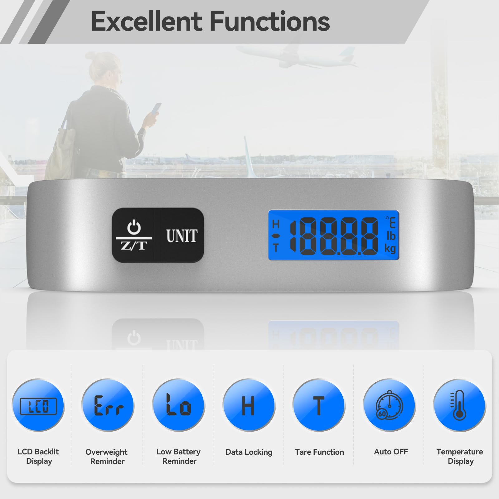 Dr.meter Luggage Scale 2 Pack Dr.meter Travel Scale Essentials Backlight LCD Display 110lb/50kg Luggage Weight Scale Portable Handheld Scale with Rubber Paint, Temperature Sensor, Battery Included