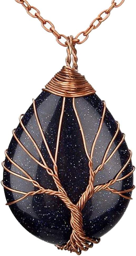 Modogirl Blue Sandstone Necklace Handmade Copper Wire Wrapped Tree of Life Teardrop Pendant Gold Plated