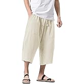 MAGNIVIT Men's Linen Cotton Capri Pants Loose Fit Elastic Waist Wide Leg Baggy Harem Pants