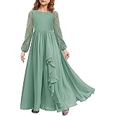 MITILLY Girls Fall Long Sleeve Maxi Dress Vintage A-Line Chiffon Ruffle Flowy Lace Flower Girl Dresses for Wedding Party
