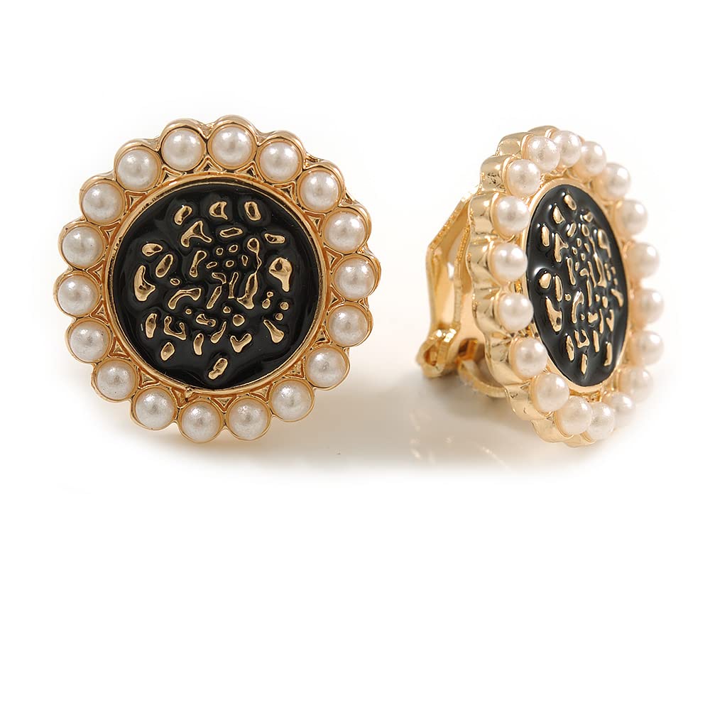 17mm Gold Tone Black Enamel White Faux Pearl Flower Clip On Earrings