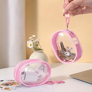 2pcs Portable Mini Zipper Storage Pouch Dual-Color - Transparent And Black Case for Headphones, Charger, Keys with Keychain C