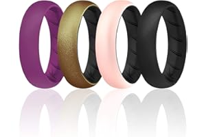 ROQ Silicone Rings for Women, Breathable Silicone Rings, Sets of 4 Bands, Unique Silicone Wedding Ring for Women, Medical Grade Silicone Rubber Band - White, Purple, Black, Rose Gold Colors - Size 7