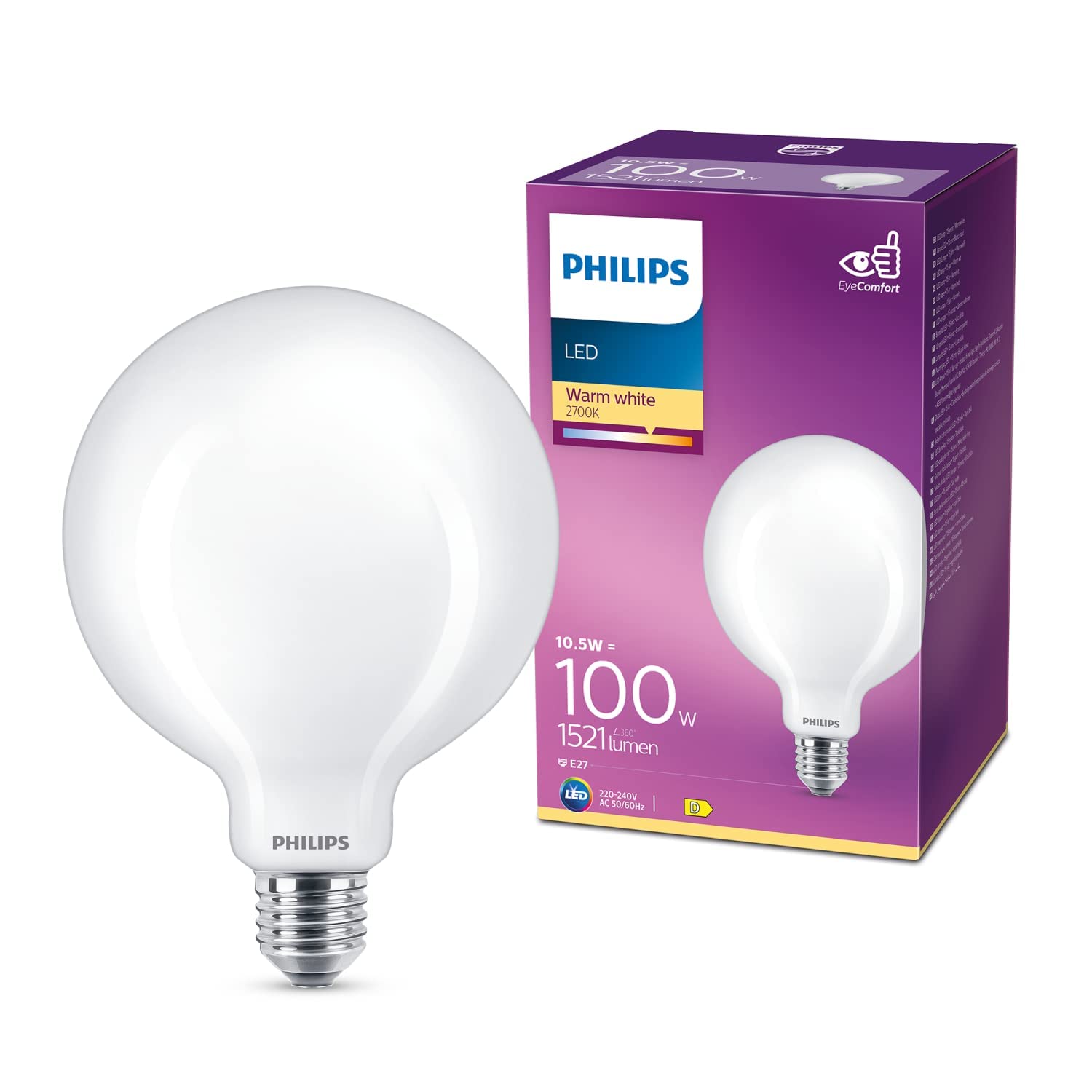 Philips LED Premium Frosted Globe G120 Light Bulb [E27 Edison Screw] 10.5W - 100W Equivalent, Warm White (2700K)