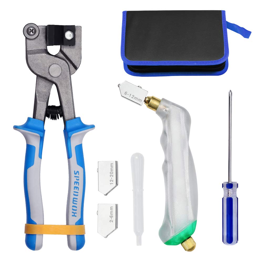 SPEEDWOX 8PCS Mosaic Making Kit Heavy Duty 8 Inch Glass Tile Nippers Pistol Grip Oil Feed Glass Cutter Set with 3 Size Cutter Head Oil Dropper Screwdriver Leather Zipper Bag