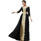 OBEEII Women's Moroccan Muslim Abaya Dress Elegant Floral Embroidery Kaftan Maxi Dress Islamic Dubai Ramadan Prayer Clothes