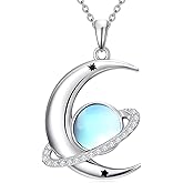 HPQQ Moon and Planet Necklace Sterling Silver Gemstone Necklace for Women Space Planet Jewelry Christmas Gifts for Women Wife