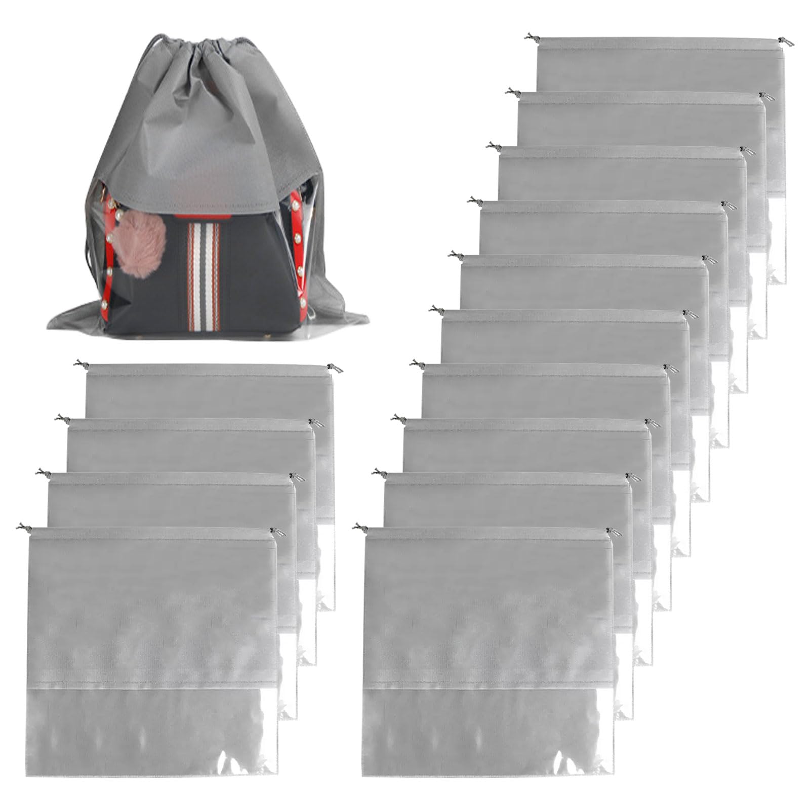 JOJOCY 15Pcs Dust Bags for Handbags, 35cm Non-Woven Fabric Dustproof Drawstring Bag Clear Window Dust Cover Storage Bags Handbag Storage Organizer (Grey)