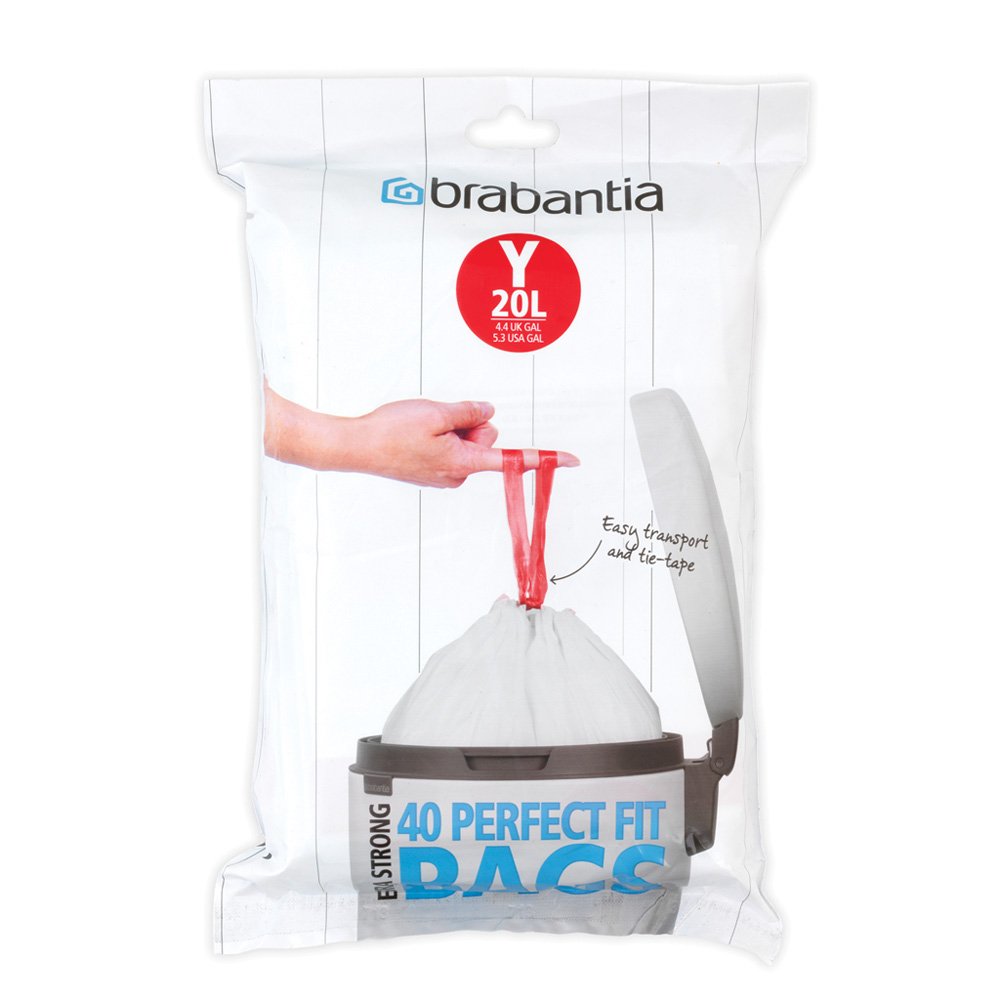 Brabantia IdealFit Bin Liners (Size Y/20 Litre) Ideal Quality Thick Plastic Trash Bags with Tie Tape Drawstring Handles (40 Bags)