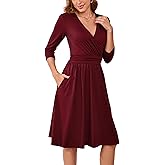 Women's Casual Dresses Vintage Wrap V-Neck 3/4 Sleeve Fit and Flare Midi Dress