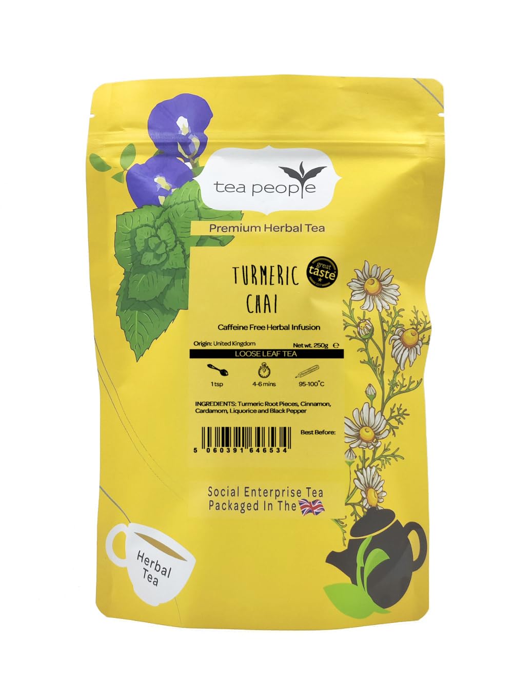 Tea People – 250g Turmeric Chai (70 cups) – Caffeine Free Herbal Tea - 100% Natural Ingredients: Turmeric Root, Cinnamon, Cardamom, Liquorice, Black Pepper