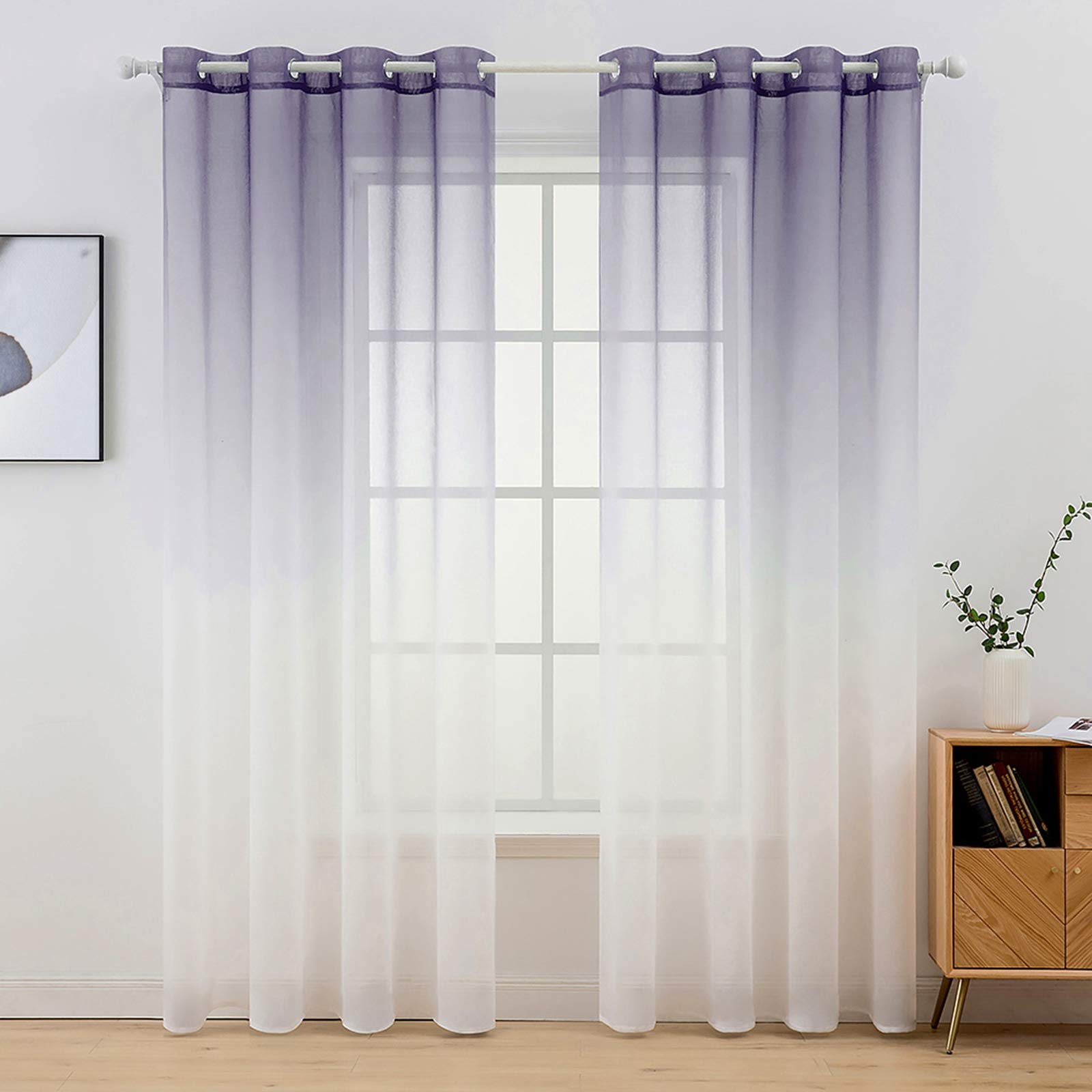 MIULEE 2 Panels Sheer Voile Curtains Color Gradient Gradually Changed Decorative Ring Top Eyelet Window Elegance for Bedroom Livingroom Nursery Room 140 x 225 Cm 55" Wx88 L Purple
