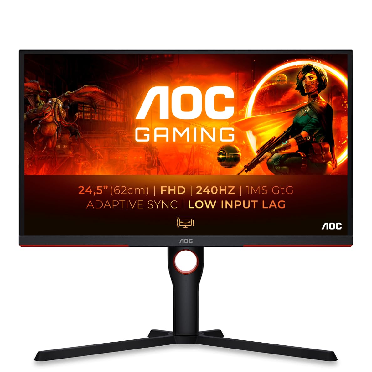 AOC 25G3ZM/BK 24.5 zoll FHD Gaming Monitor, 240Hz, Fast VA Panel, 0.5ms MPRT, Adaptive Sync, FreeSync Premium, Höhenverstellung,(1920x1080 HDMI 2x 2.0 DP 1x 1.2)Schwarz/Rot