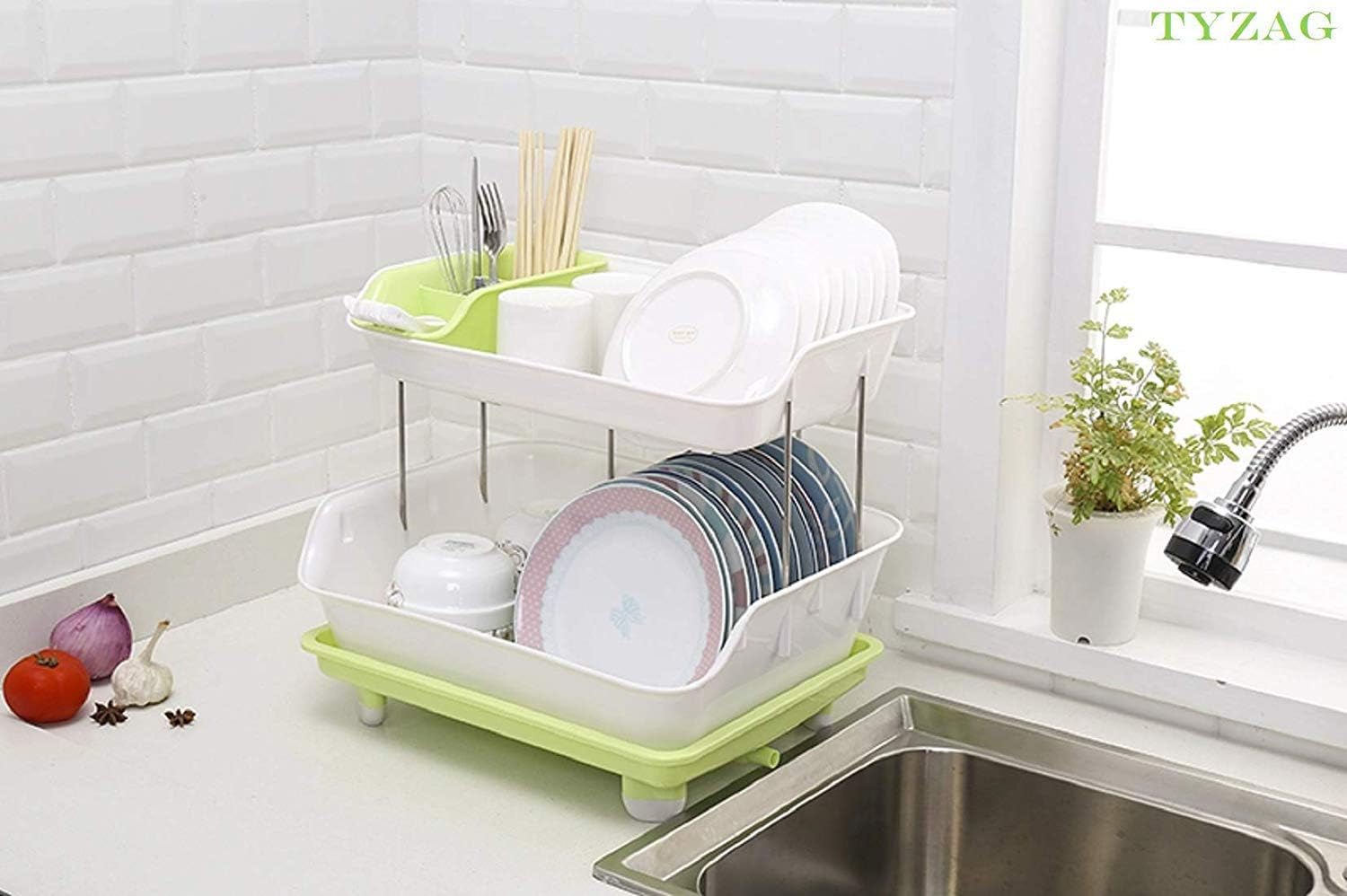 TYZAG Kitchen 2 Layer Dish Drainer Storage Rack with Washable Basket Tray (Green)