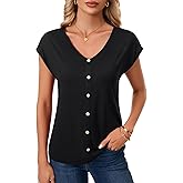 LYANER Women's V Neck Cap Sleeve Button Trim Basic Casual Tee T Shirt Top