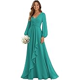 SNOWROSE Long Sleeve Bridesmaid Dresses for Women V Neck Pleated A Line Chiffon Ruffle Formal Wedding Guest Dress