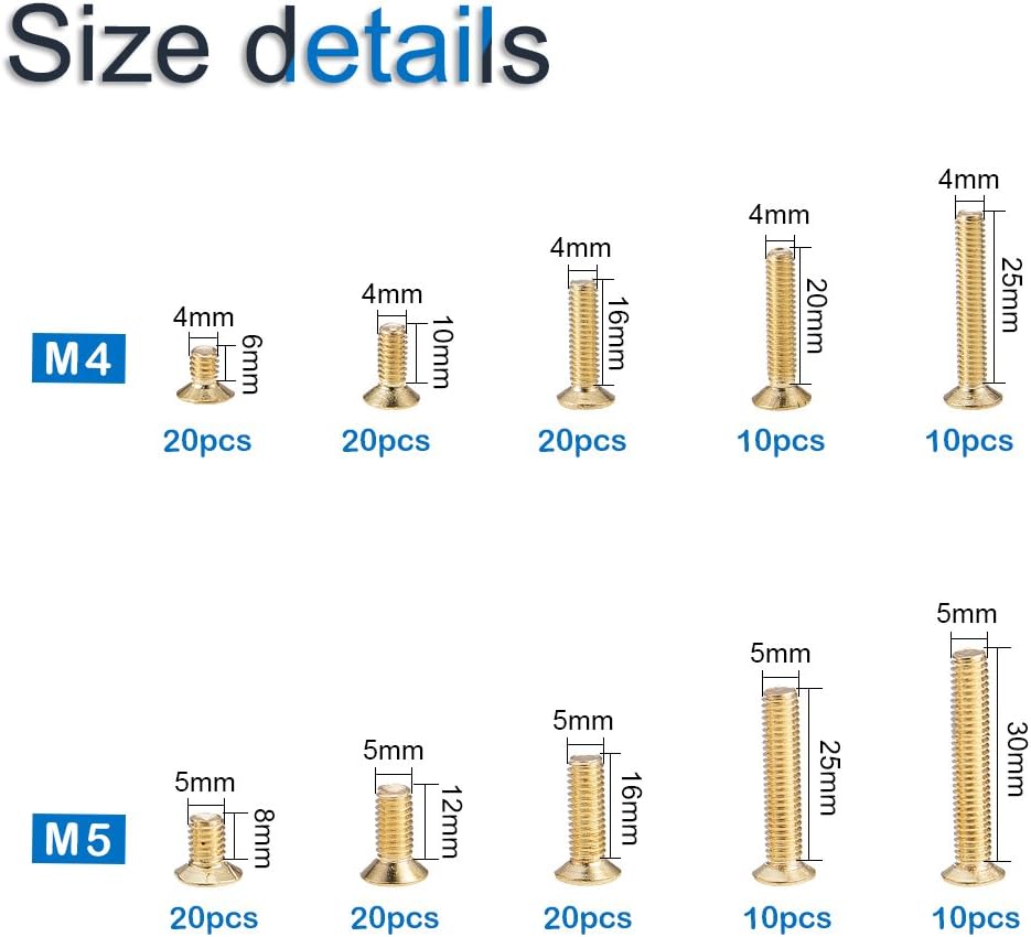 INCREWAY Flat Head Machine Screws, 160Pcs Brass Self Tapping Screw Set Machine Screws Assortment Kit with M4 M5 Size - Image 3