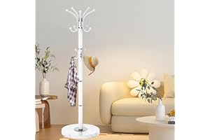 LOZABEE Metal Heavy Duty Coat Rack Stand, Modern 360° Roraty Freestanding Coat Rack with Natural Marble Base, White Coat Racks Hall Tree Hanger Stand with 16 Hooks for Entryway, Office