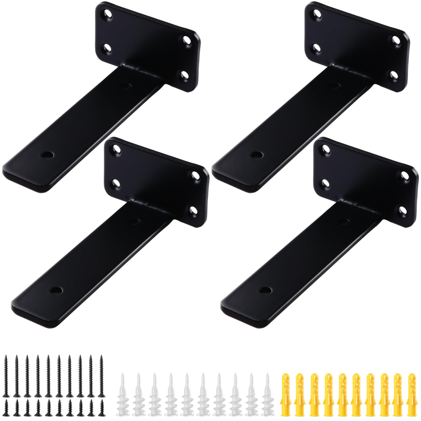 Photo 1 of 4-Pack 5 Inch Metal Floating Shelf Brackets, Heavy-Duty Hidden L Shelf Supports, Wall-Mounted Shelving Hardware, 1/5-Inch Thick, Modern Black Iron Brackets for Decorative Wood Shelves, Screws Included