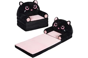 QIUODO Kids Couch Fold Out, Velvet 2-in-1 Flip Open Couch for Toddlers, Comfy Toddler Chair for Reading and Napping, for Boys and Girls (Black & Pink Kitty)