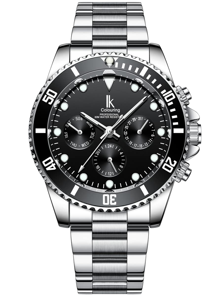 Alienwork Automatic Watch Men Women Silver Stainless Steel Metal Strap Calendar Date Black Multi-Function Glass Bottom