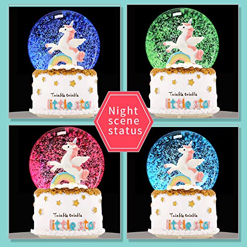image for VECU Unicorn Snow Globe, 100 MM Automatic Snowfall Cartoon Rainbow Mus