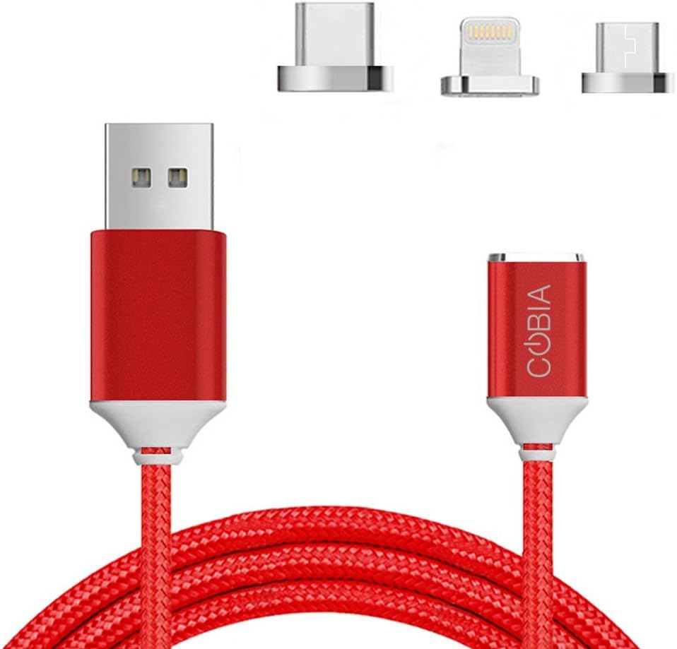 COBIA MAG 2 Magnetic Charging and Data Transfer Cable With ALL 3 TYPE-C, Micro USB and Lightning iPhone Adapters Connectors (Red)