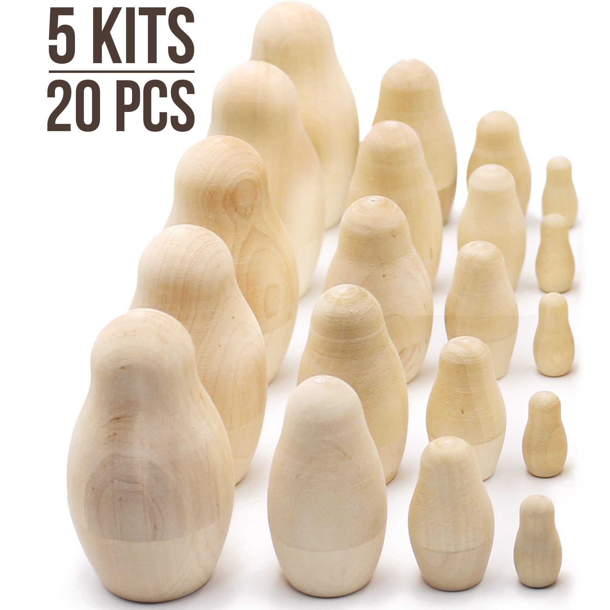 AEVVV Blank Nesting Dolls - 5 Sets of 4 Wooden Unfinished Dolls to Paint