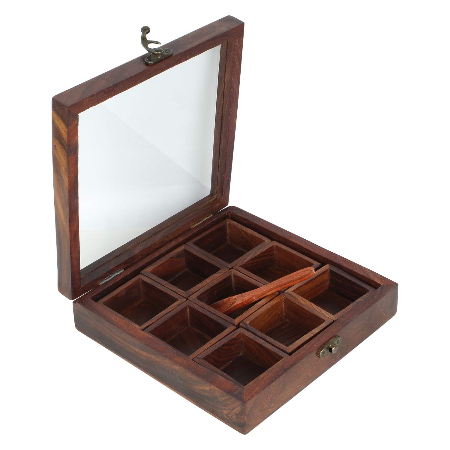 Buy Ajuny Wooden Masala Dabba Indian Spice Box with Glass Lid on Top