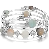 Beaded Pearl Bangle Wrap Bracelet - Fashion Bohemian Jewelry Multilayer Charm Bracelet with Thick Silver Metal Beads, Gift For Women