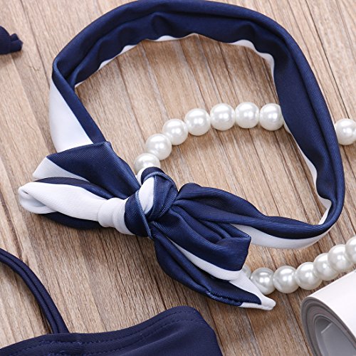 Mekilyn 3Pcs Infant Baby Girls Halter Bowknot Tube Top+Short Strips Bottoms+Headband Bathing Bikini Swimsuit (Navy Blue, 2T) - Thumbnail 4
