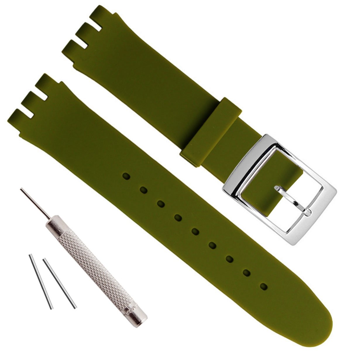 Silver Plated Stainless Steel Buckle Waterproof Silicone Rubber Watch Strap Watch Band (19mm, Blackish Green)