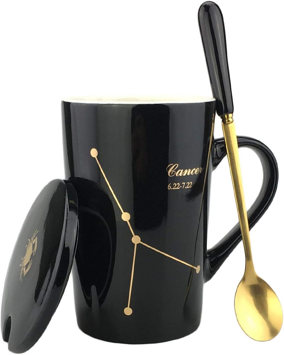 Constellation Theme Romantic Creative Black Ceramic Coffee Tea Cup Mug Tumbler,With Ceramic Lid and stainless steel Spoon, 15.3 oz(430 ml)