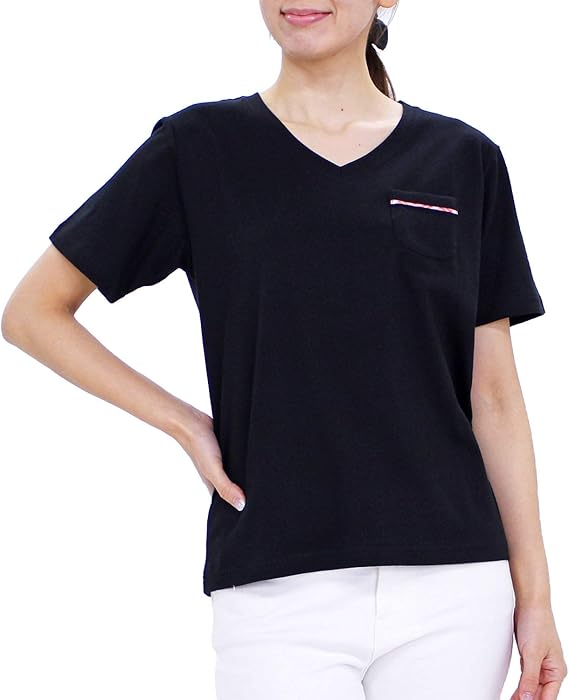 Amazon Vansports バンスポーツ Vネックチェック配色半袖tシャツ レディース ポケット付き 超長綿100 Tシャツ カットソー 通販