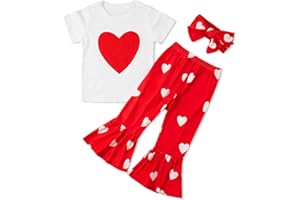 SYNPOS Toddler Baby Girls Outfits Valentines Day Love Heart Cotton T-Shirt Bell Bottom Pants Headband 3Pc Clothes Set 1-6 Years
