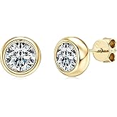 DYUNQ 925 Sterling Silver Round Moissanite Stud Earrings for Women & Men, D Color VVS1, Hypoallergenic Bezel Set, 14K Gold Plated, Imitation Diamond Gifts
