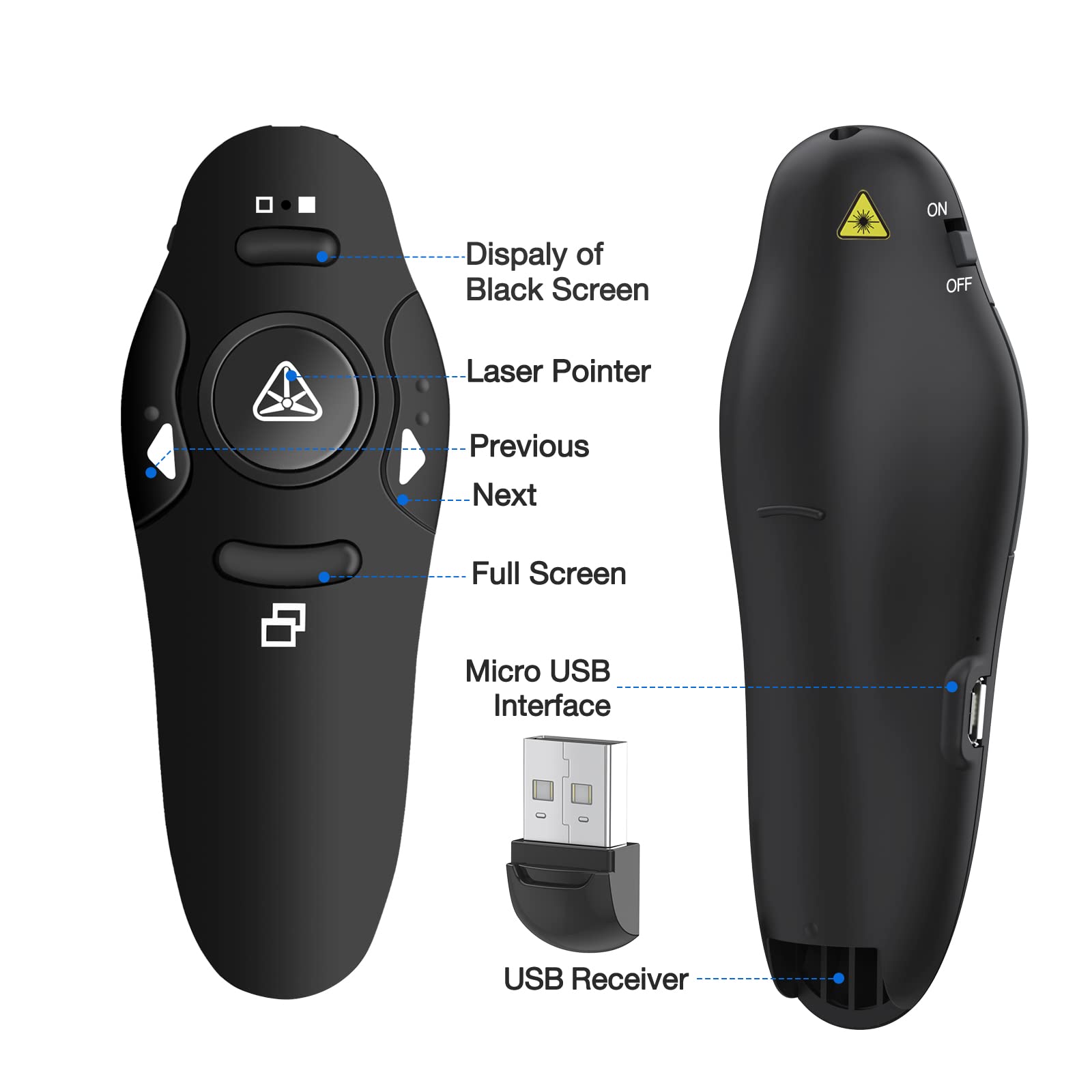 Rechargeable Presentation Clicker Wireless Presenter Remote USB Control Powerpoint PPT Clicker, Red Laser Pointer RF 2.4GHz Presenter Remote Slide Advancer for Computer/Laptop/Mac/Keynote