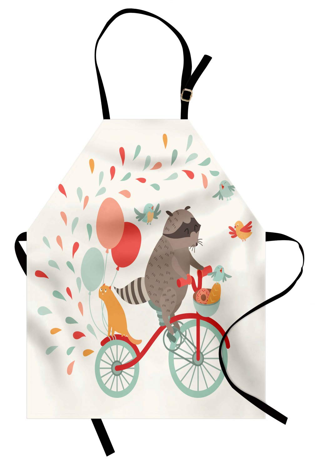 ABAKUHAUS Animal Apron, Raccoon on Bicycle with a Cat Friend and Balloons Happy Birthday Journey Theme, Unisex Kitchen Apron with Adjustable Neck for Cooking Baking Gardening, Grey Pink
